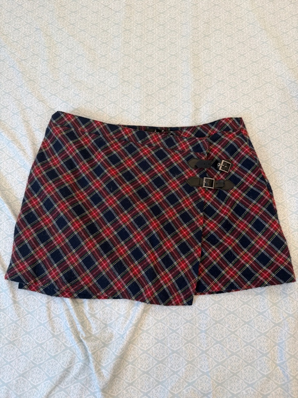 Papaya Red Navy Plaid Wrap Mini Skirt with Buckled Detail Preppy Skirt